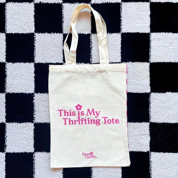 “This Is My Thrifting Tote” Pink Checkered Canvas Tote Bag - Picture 1 of 8
